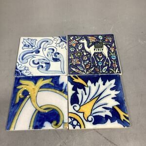 Set Of 4 Vintage Pottery Tiles - Camel, Flowers
